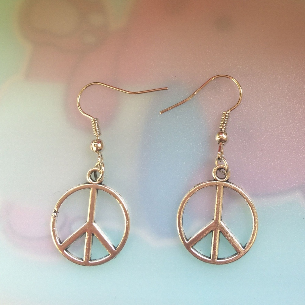 Peace Sign Yellow Gold Finish Pierced Earrings